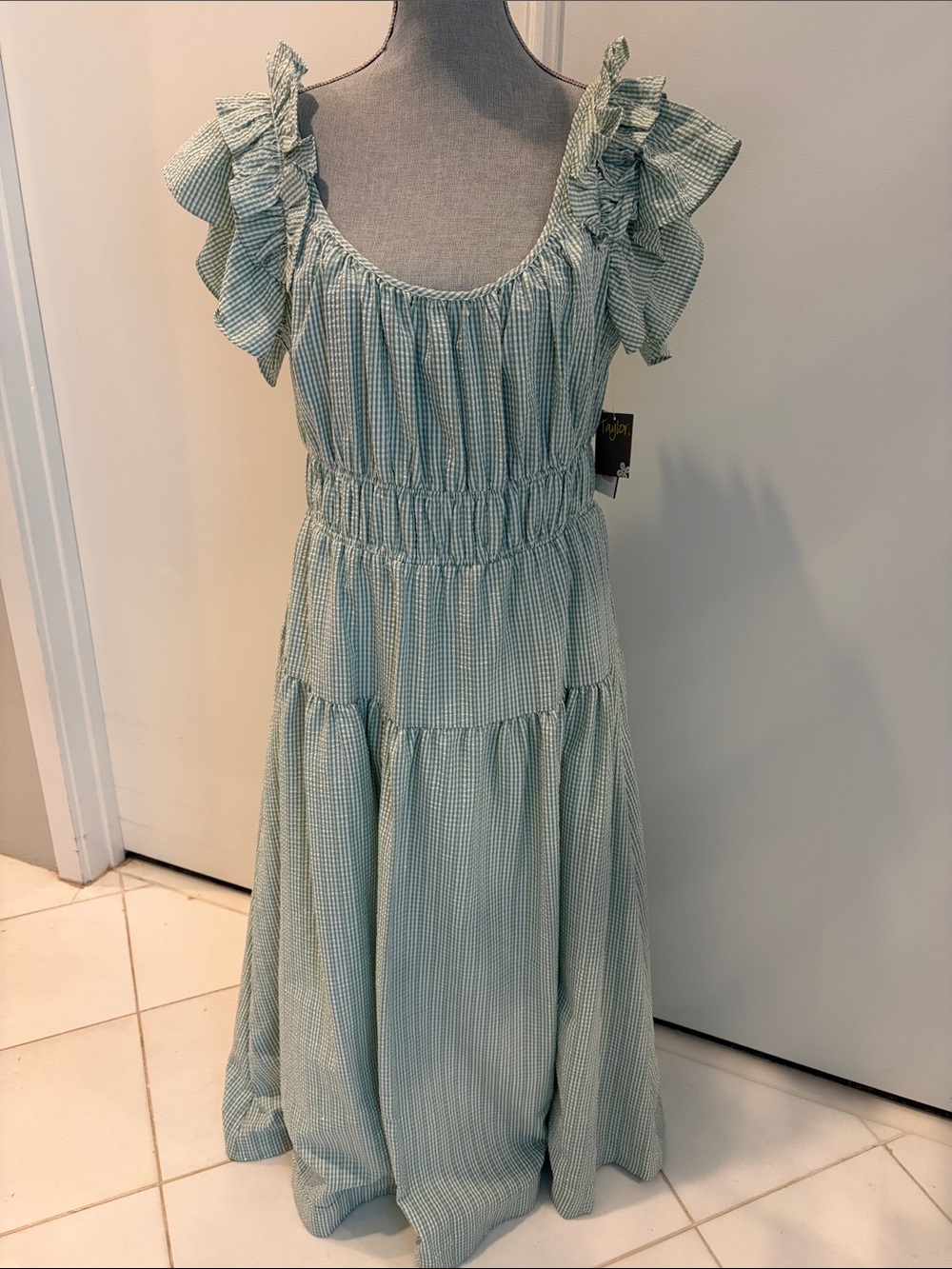 Taylor Mint Gingham Ruffle-Sleeve Maxi
